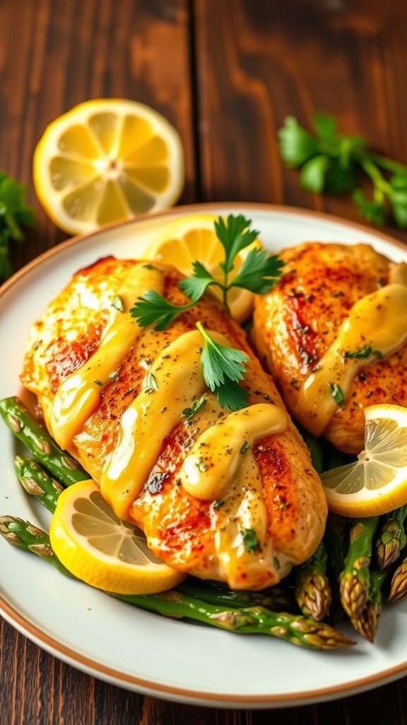 Lemon garlic chicken breast served with sautéed asparagus on a rustic wooden table.